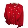 French Sweet Cherry Embroidered Pearl Sweater Knitted Cardigan Top for Women