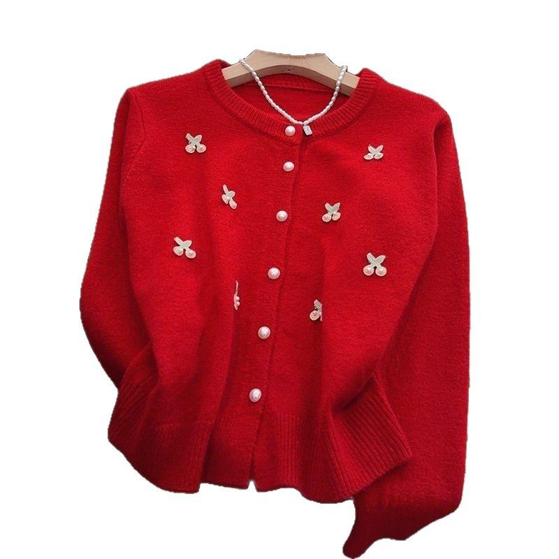 French Sweet Cherry Embroidered Pearl Sweater Knitted Cardigan Top for Women