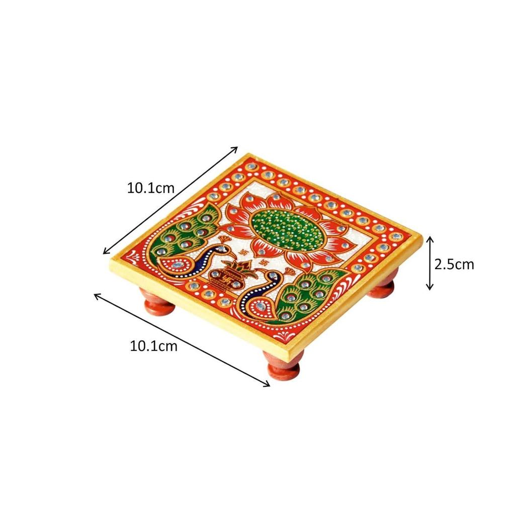 (4 x 4 tommer) Påfugldesign Malt Marmor Chowki Hjemmemandir, Idolstatuer Pratima, Bajot for Gud, Hjemmedekor