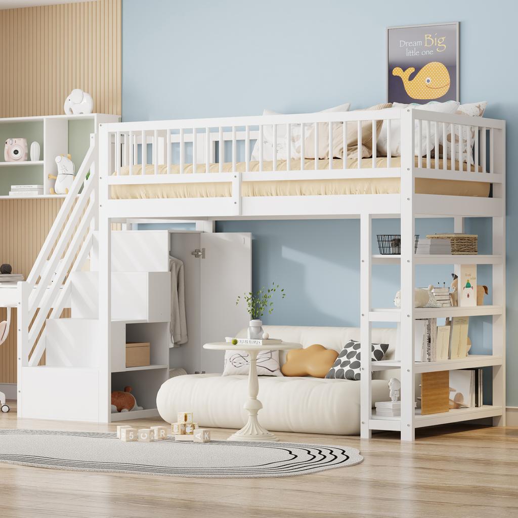Loft Bed 90 x 200, High-Fence Safety Design with Wardrobe, Shelves and Storage with Safety Climbing Ladder, Multifunctional Bed, Solid Wood Bed, White