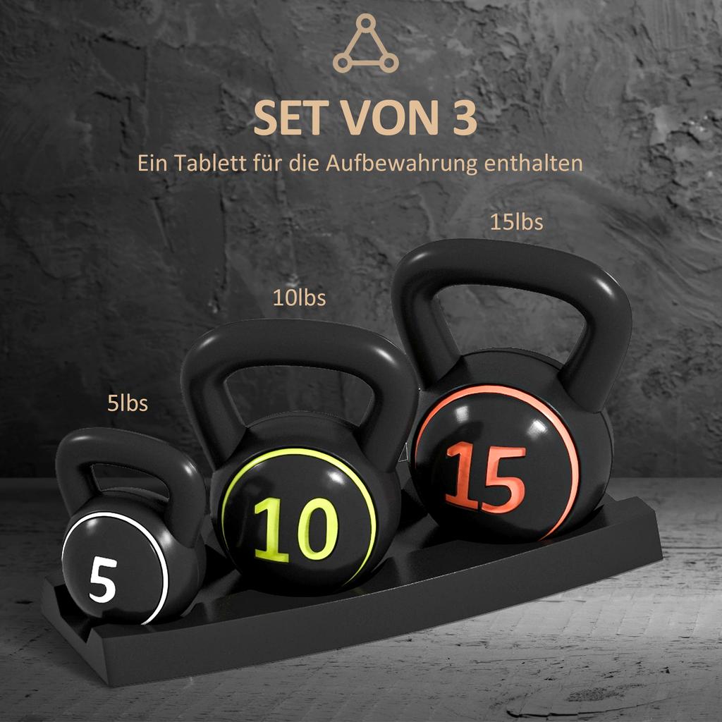 Three-Piece Kettlebell Set. 5lbs. 10lbs. 15lbs with Storage Tray