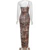 Dress Spaghetti Strap Slim Sexy Summer Tiger Pattern Khaki Split Fork Neck Lady Women Dress