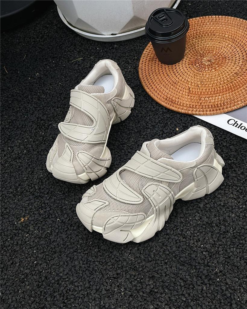 Leather casual sports big head mountaineering height increase small ins tide shoes mesh Velcro platform dad shoes women