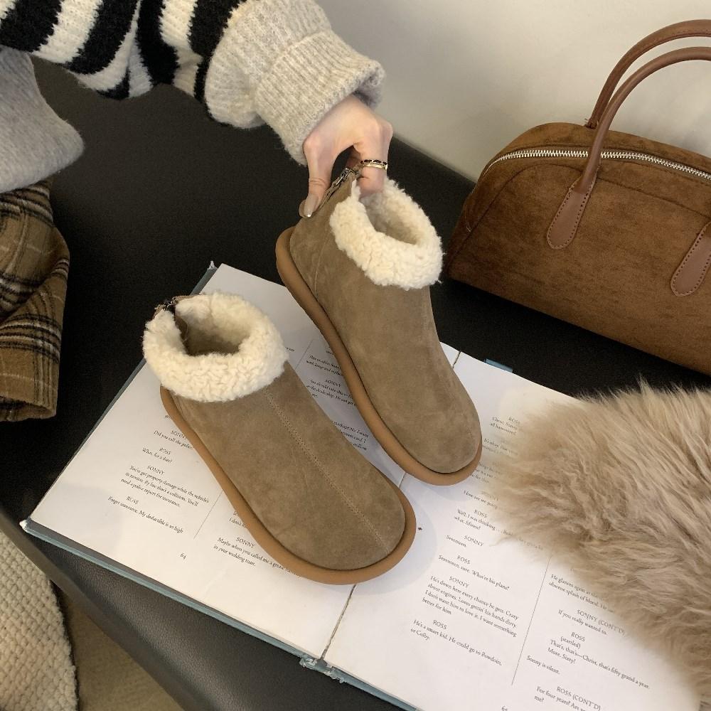 

Кожаные туфли из овечьей шерсти и хлопка, женские зимние туфли на плоской подошве, бархатные короткие ботинки с отворотом из меха, нескользящие теплые сноубутсы 37 верблюд
