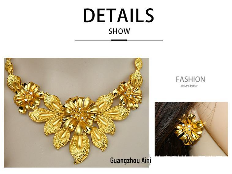 Dubai 24K Gold Bridal Jewelry Set: Necklace, Ring, Earrings, Bracelet