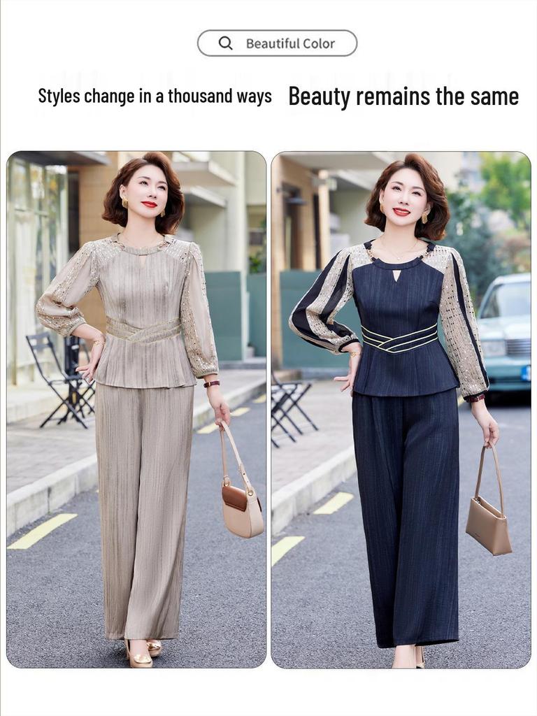 Elegant Autumn 2025 Satin Blouse & Seven-Sleeve Two-Piece Set for Middle-Aged and Elderly Women