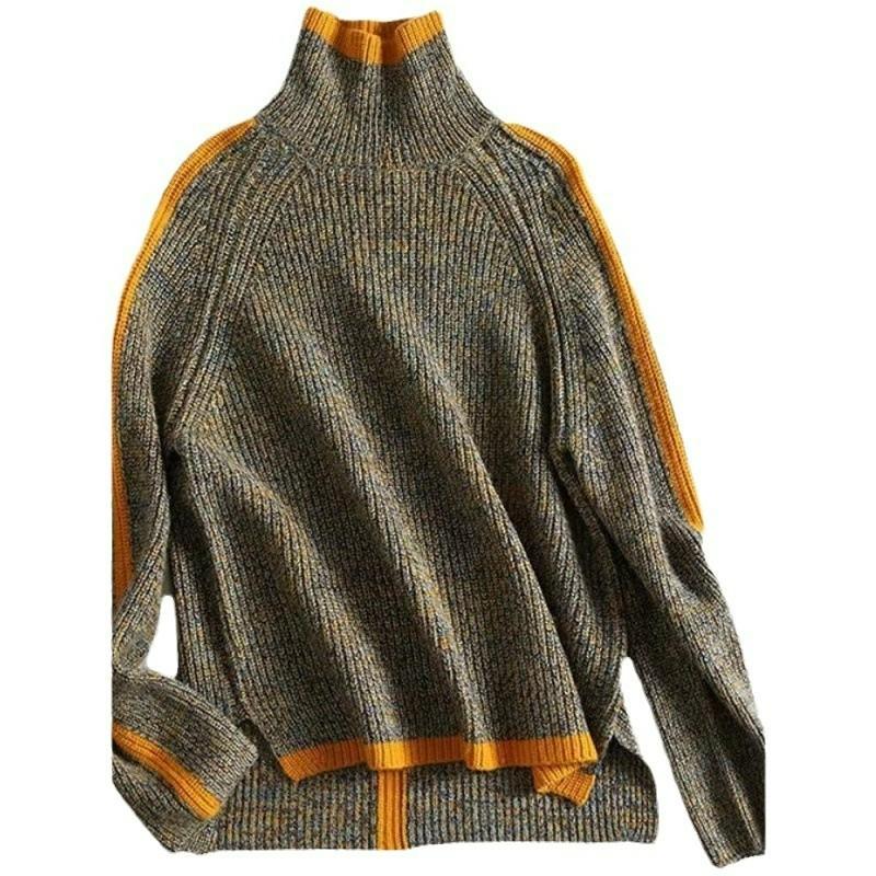 Turtleneck Sweater Women's Thickened Retro Autumn and Winter Japanese Loose Outer Wear Contrast Color Sweater