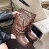 Sheepskin Version~ Western Cowboy Boots Women's Pleated Piled Boots Cover Meat Black Round Head Retro Leather Thick Heel Knight Boots