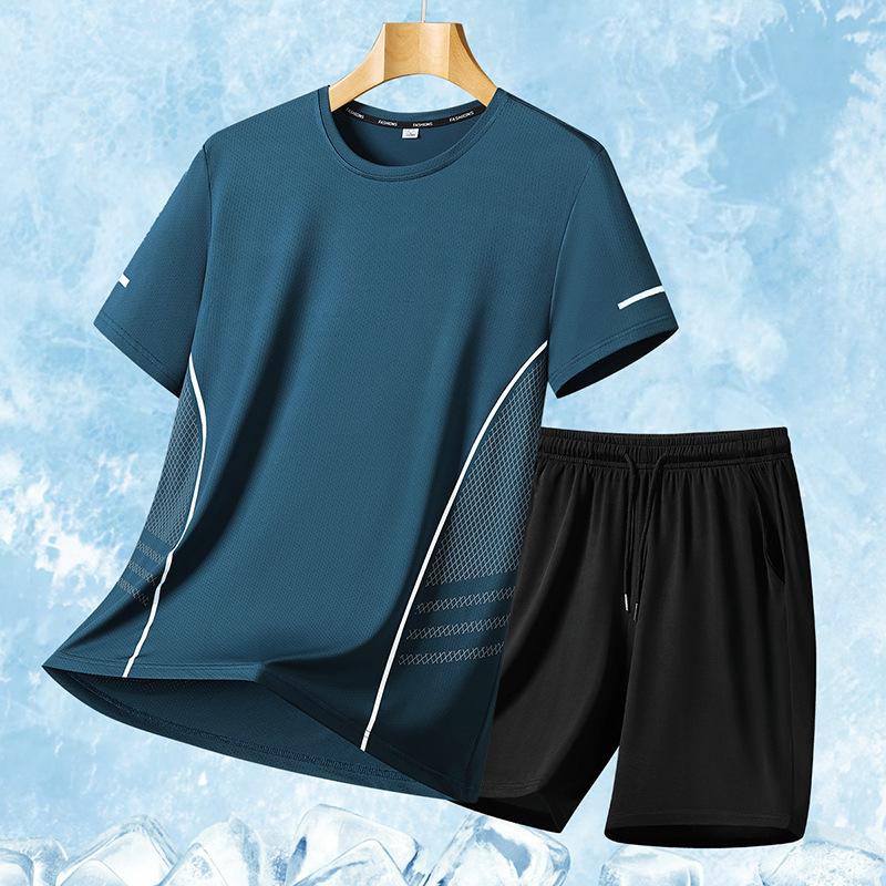 Men's Casual Sports Suit Print Loose Two-piece Set Elastic Breathable Quick Drying T-shirt Shorts Men