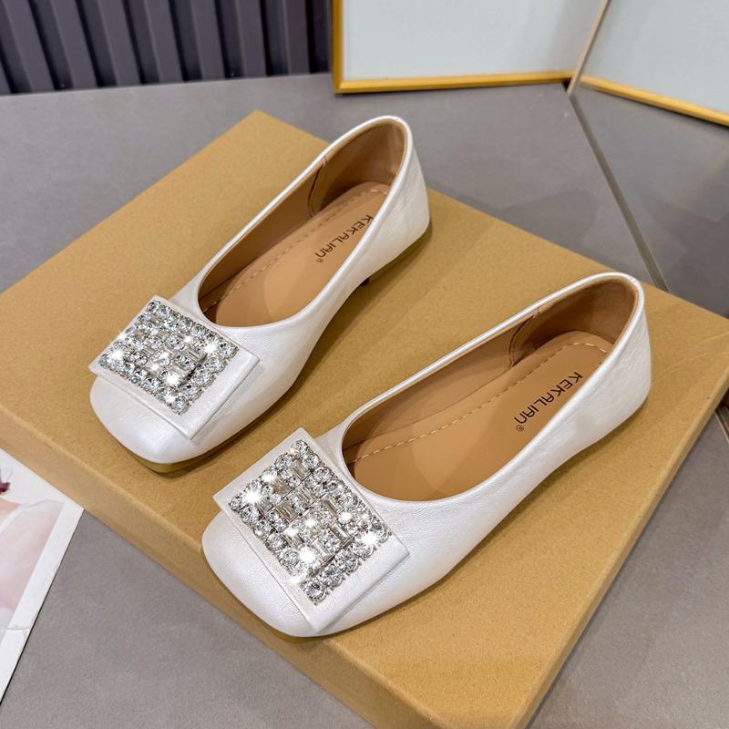 Fashion Flat French Shallow Single Shoes 2025 Summer New Square Toe Rhinestone Soft Sole Versatile Bean Shoes French