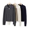 Women's Retro Cable Knit Wool Coat with Double Zipper & Lapel, Thick Knit Long Sleeve for Autumn & Winter