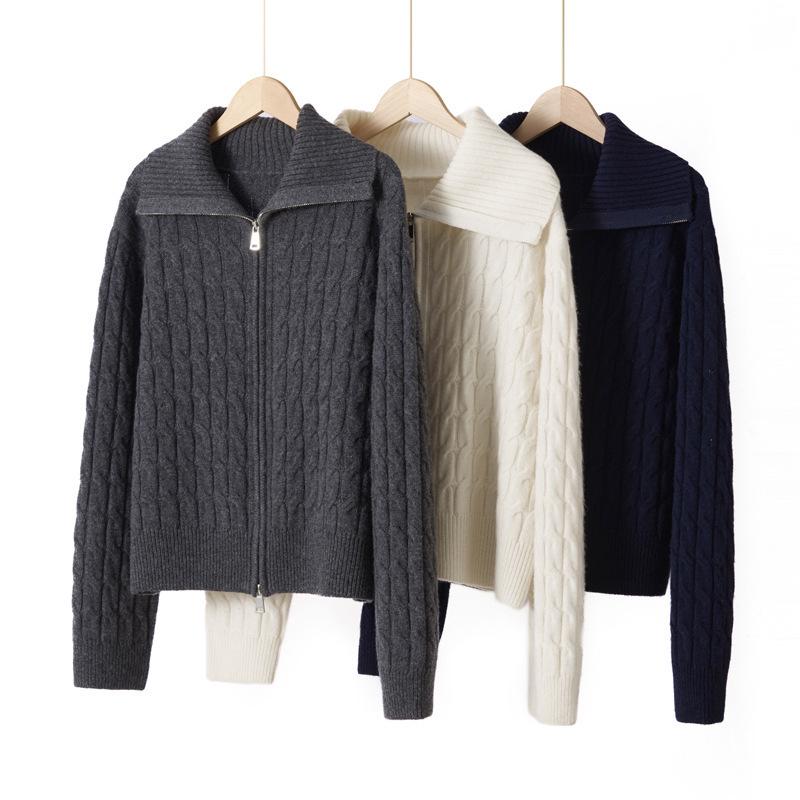 Women's Retro Cable Knit Wool Coat with Double Zipper & Lapel, Thick Knit Long Sleeve for Autumn & Winter