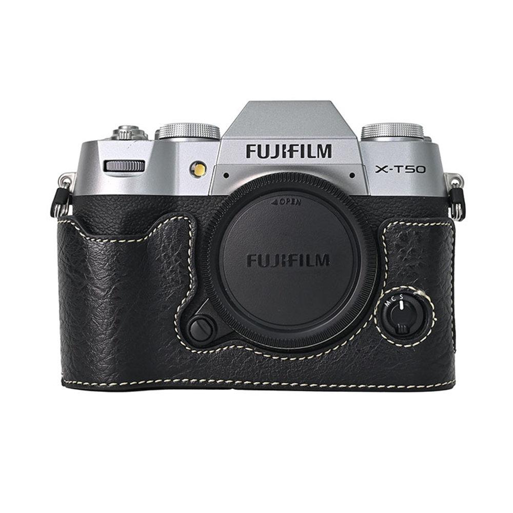 Litchi Pattern PU Leather Camera Half Case for Fujifilm XT50 Fuji X-T50 Bottom Battery Opening Magnetic Cover