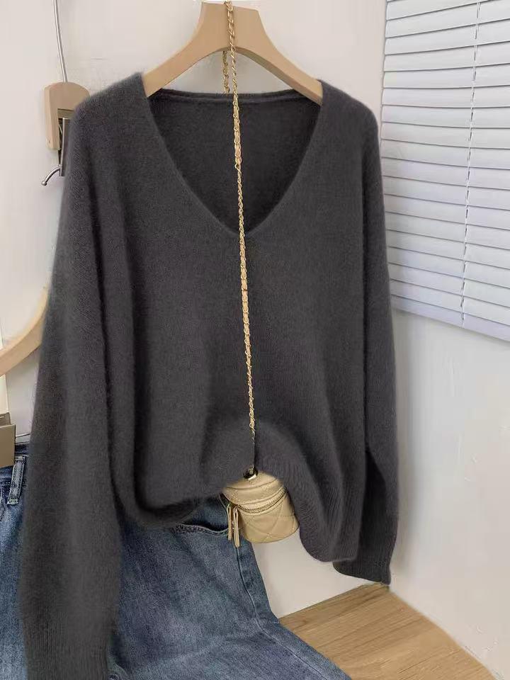 Luxurious V-neck Korean Style Loose Wool Sweater - 100% Pure Soft Knit for Autumn/Winter