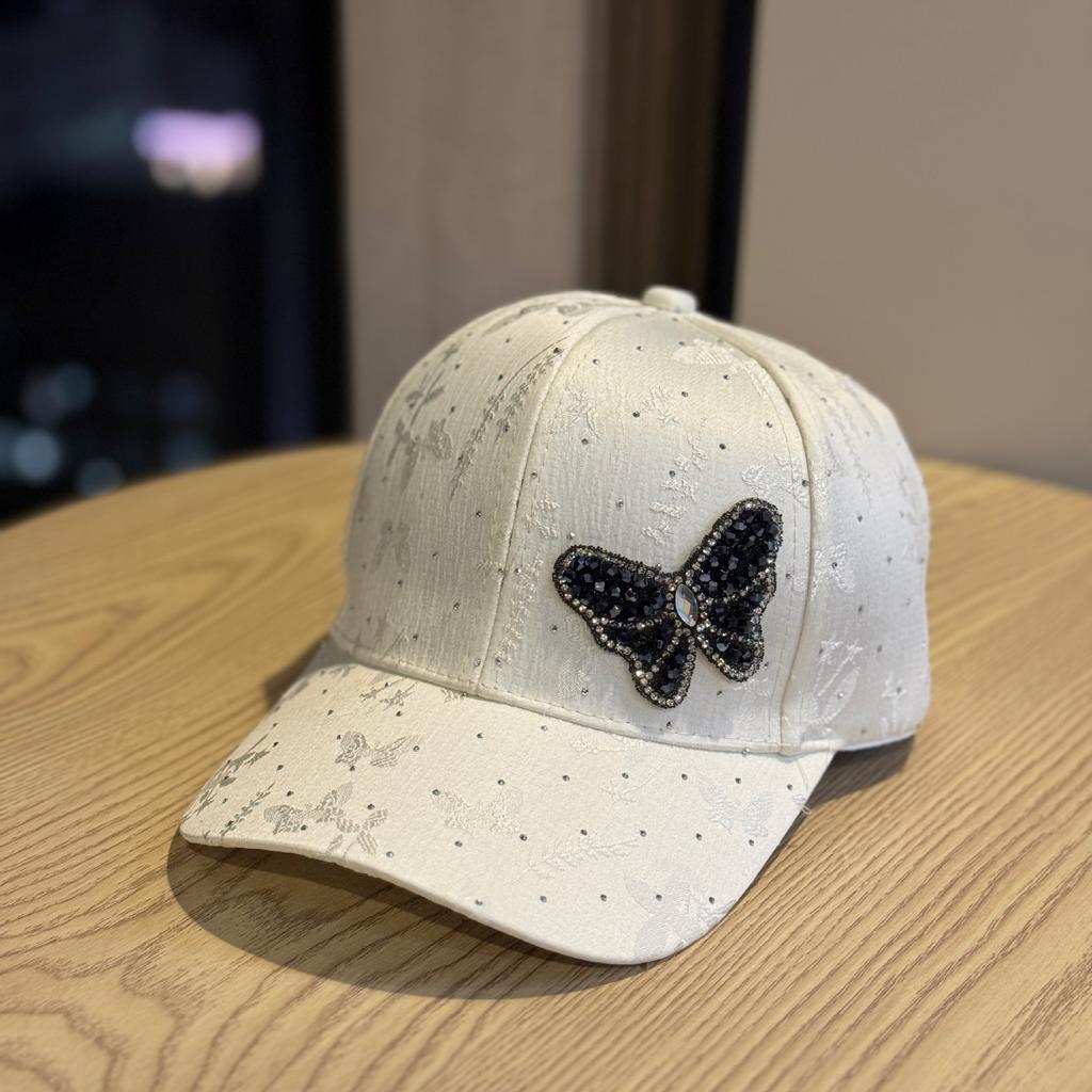 New rhinestone butterfly baseball cap for women, stylish and versatile for spring and summer, sun protection hat with lace pattern