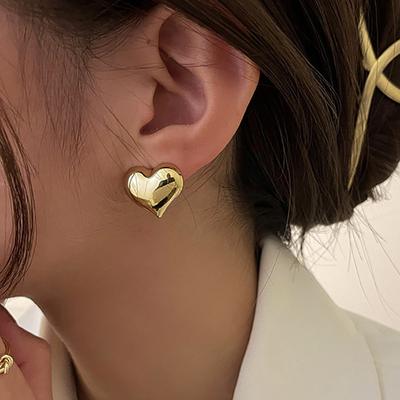 Gold Color Smooth Surface Love Heart Shaped Stud Earrings Women Minimalist  Girl Wedding Bridal Jewelry