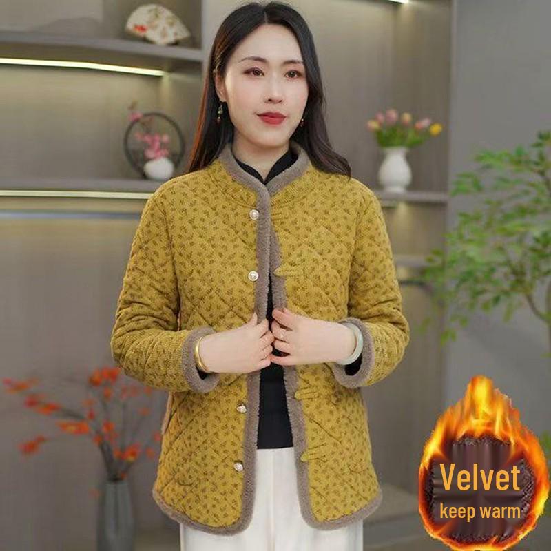 

Теплая хлопковая куртка на осень/зиму для женщин среднего и пожилого возраста: Повседневная верхняя одежда на флисовой подкладке, более плотная, Модное хлопковое пальто 2XL (for 105-120 jin) жёлтый