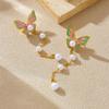 Gold Enamel Butterfly Pearl Drop Earrings