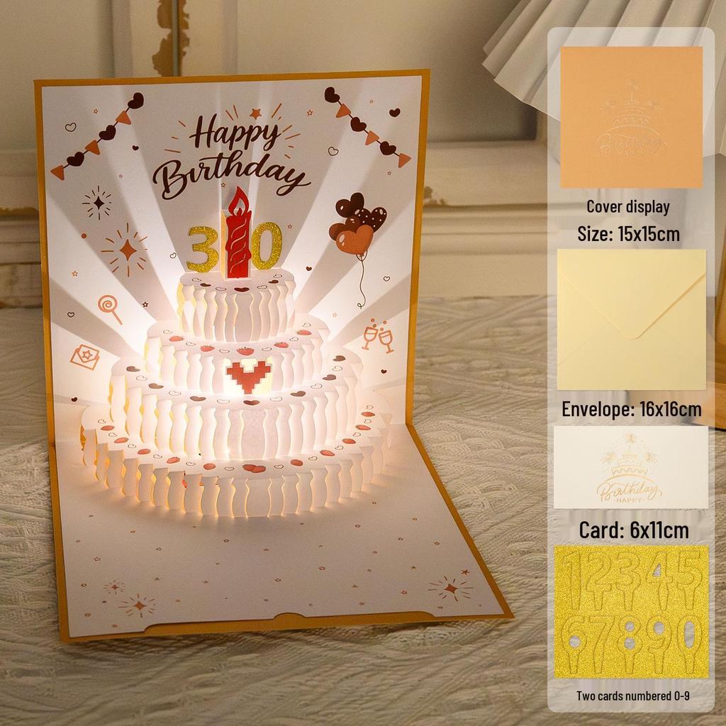 3D Pop-Up Geburtstags-Soundkarte mit Aufnahme-Licht - Kuchen-Design für Freund/Freundin Geschenk
