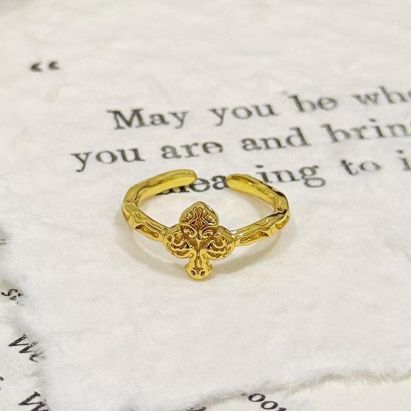 Medieval Vintage Water Drop Zircon Hammer Pattern Love Copper Coin Open Ring Personality Niche High Sense Ring Woman