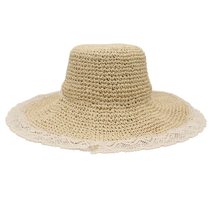 Large Brim Lace Straw Hat Women'S Sunshade Sunscreen Hat Foldable Windbreak Rope Light Casual Elegant Hat