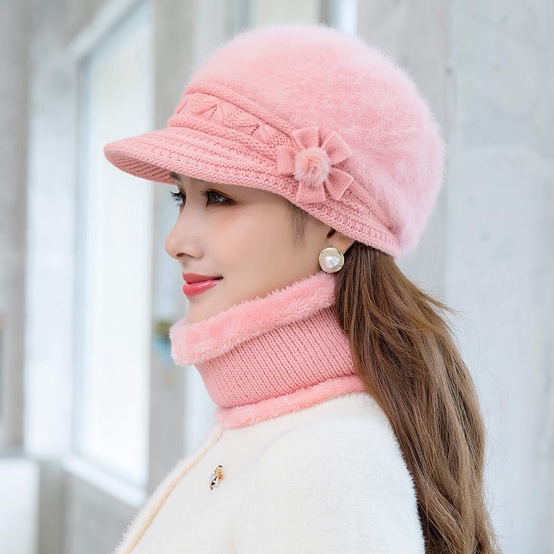 Women's Winter Rabbit Hair Knitted Hat, Snood, and Gloves Set - Fleece-Lined, Cold-Proof, Warm Wool for Middle-Aged and Elderly Moms