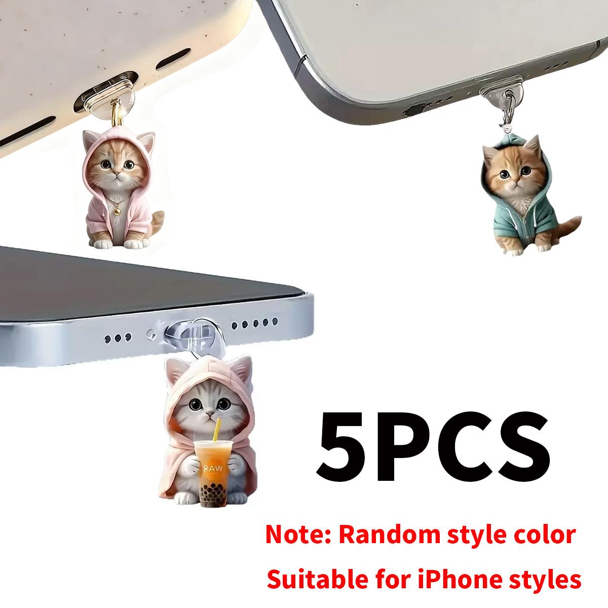 5PCS Cat Pendant Dust Plug Cute Acrylic Decorations for iPhone Type-C Phone Ports