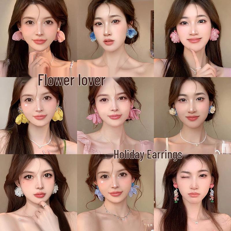 2025 White Chiffon Flower High-End Fairy Stud Earrings for Big Round Faces