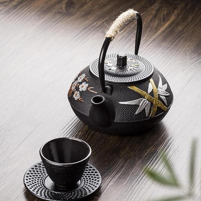 Japanische Tee-Teekanne, exquisite Pflaume und Bambus, bemalte Serie, Gusseisen-Kessel, kochendes Wasser-Set mit Sieb, Wasserkocher, Teekanne