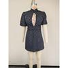 Vestito Mini Casual da Donna alla Moda a Pois con Intagli e Maniche a Sbuffa a Manica Corta con Collo Alto