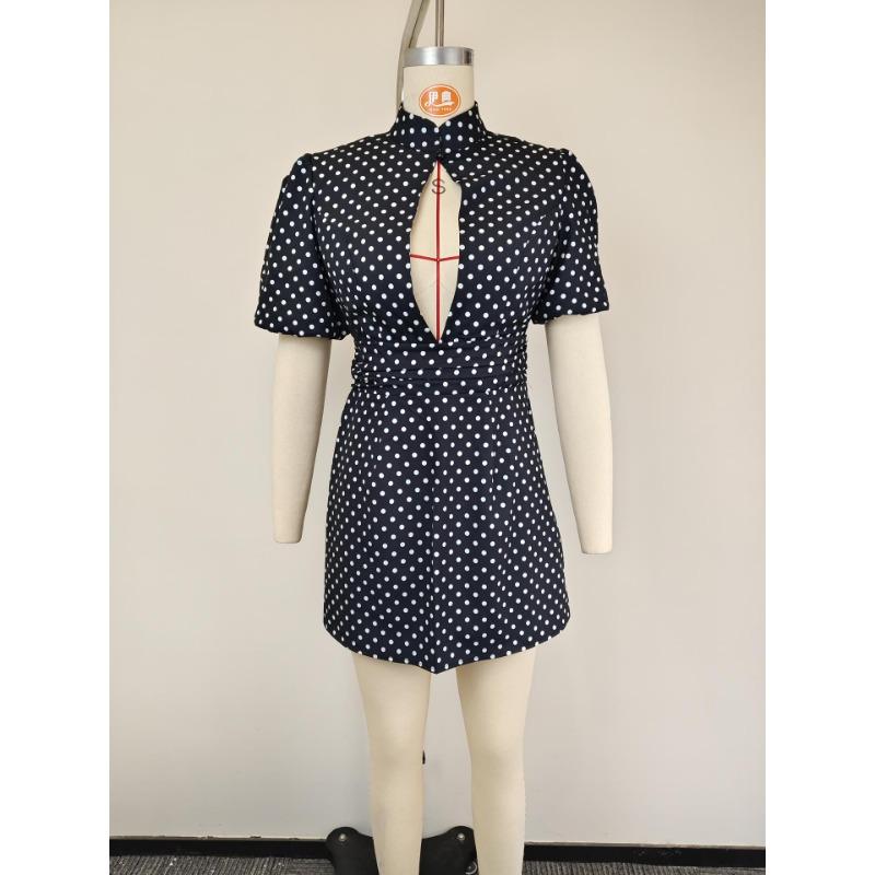 Vestito Mini Casual da Donna alla Moda a Pois con Intagli e Maniche a Sbuffa a Manica Corta con Collo Alto