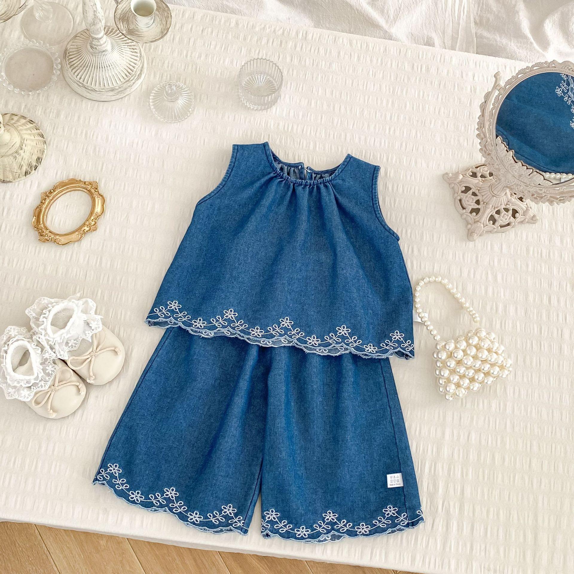 Girls Summer Embroidered Denim Sleeveless Top and Wide Leg Pants Set 73 синий