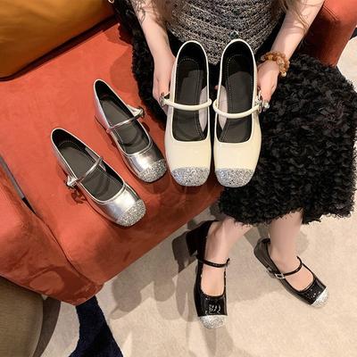 Silberne Mary Jane Schuhe Damen Herbst neue Mode Bankettschuhe Tasche Kopf dicker Absatz vielseitige High Heels