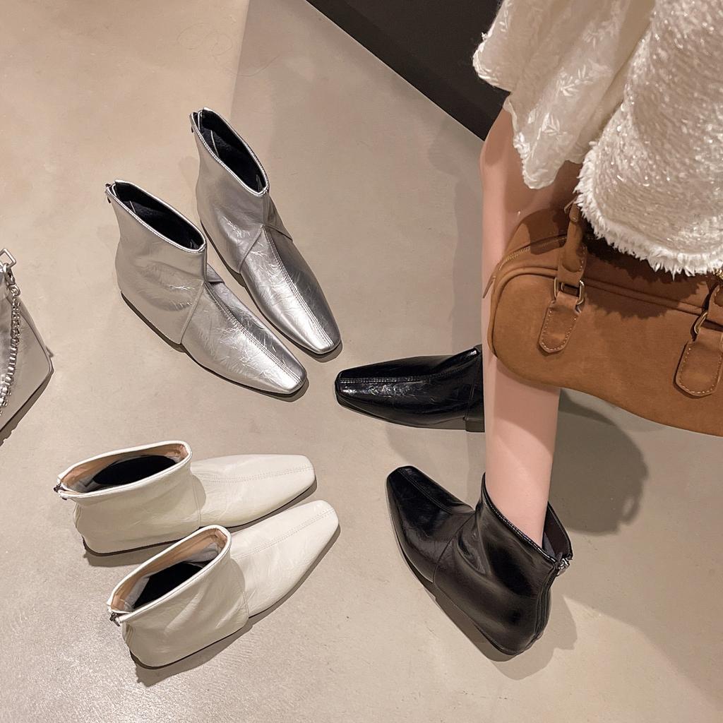 First layer cowhide cat and short boots women's and bare boots autumn and winter new square head side zipper thin heel women's single boots short bo