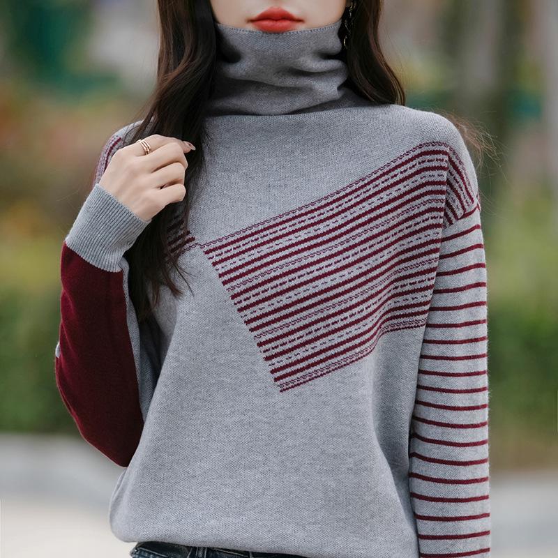 New Women's Color Block Turtleneck Knit Sweater - Loose Fit for Autumn & Winter