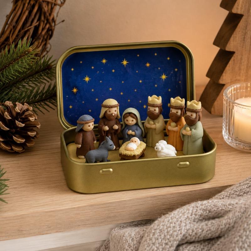 Pocket Mini Nativity Figurine Set with Metal Box, Portable Christian Desktop Christmas Ornament Souvenir