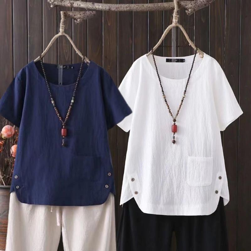 Kortmouwig T-shirt Dames Zomer Linnen Retro Stijl Mode Grote Maat Los Dames Top
