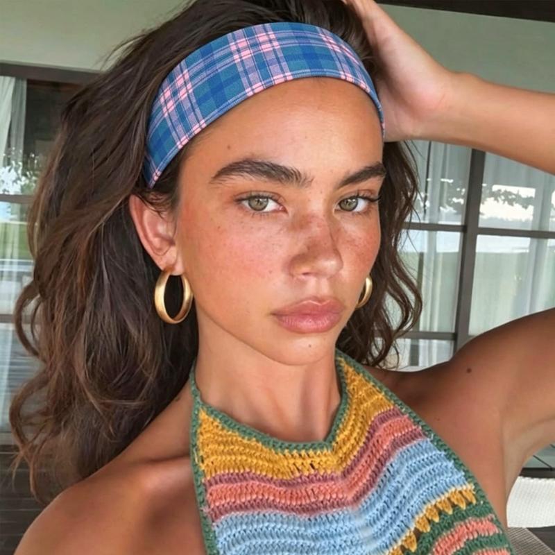Retro Colored Checkered Pattern Headband Fashion Women Y2K Hair Accessories Cute Sweet Dating Hair Band Elastic Sports Headband