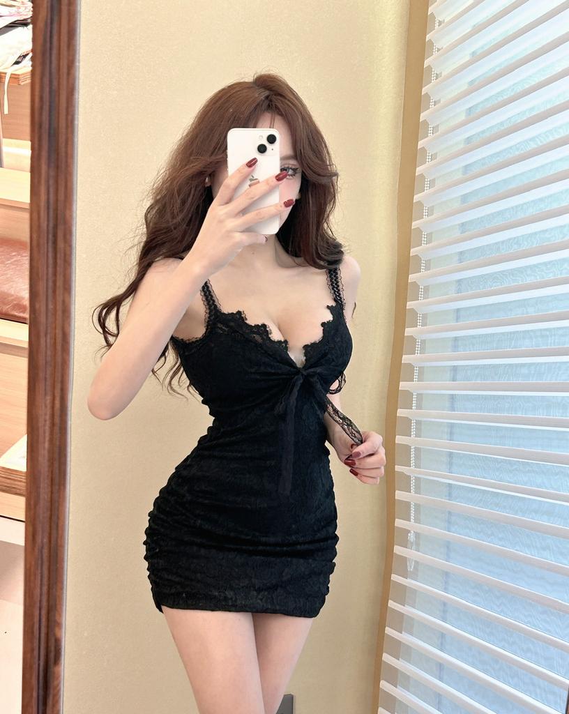 Summer V-neck Sexy Lace Hollow Suspender Base Dress Club Technician Foot Bath Hip Skirt Women