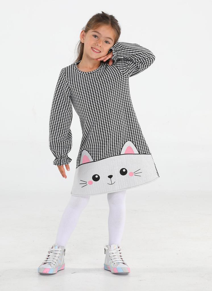 Shiny Cat Embroidered Houndstooth Girls Dress