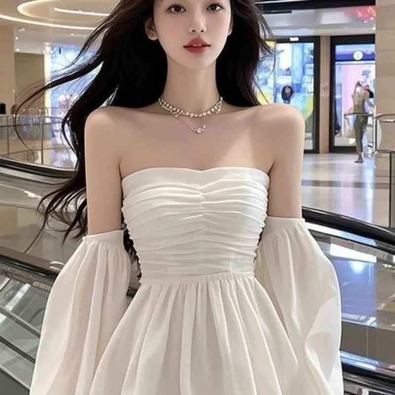New White Off Shoulder Strapless Lantern Sleeve Pleated Dress for Women High-end Sense for Early Autumn Socialite and Wealthy Lady Fashion Party Dress