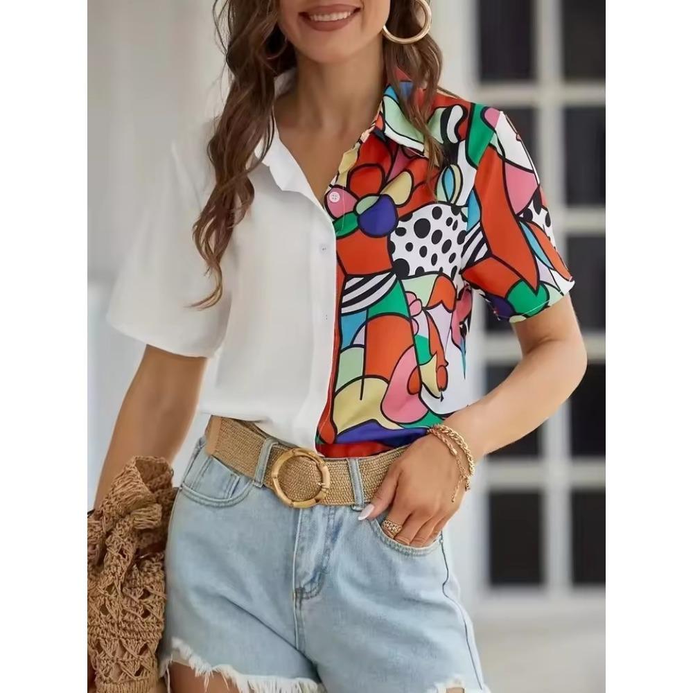 Print Graffiti Cardigan Women Short Sleeve Tops Loose V-Neck Summer Streetwear Shirts Female Single Breasted Casual Blouses 2024