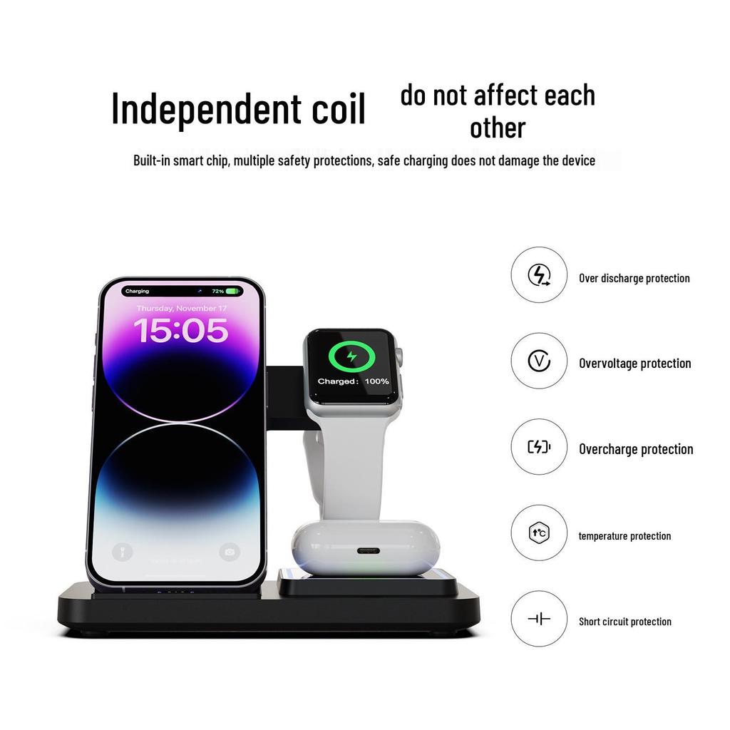 Încărcător Wireless Rapid 3-în-1 de 15W pentru Apple Watch, Căști și Telefon