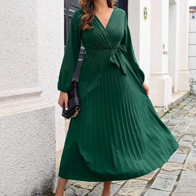 Überkreuzter V-Ausschnitt Laternenärmel Lang Taillengürtel A-Linie Herbstkleid Schlicht Reine Farbe