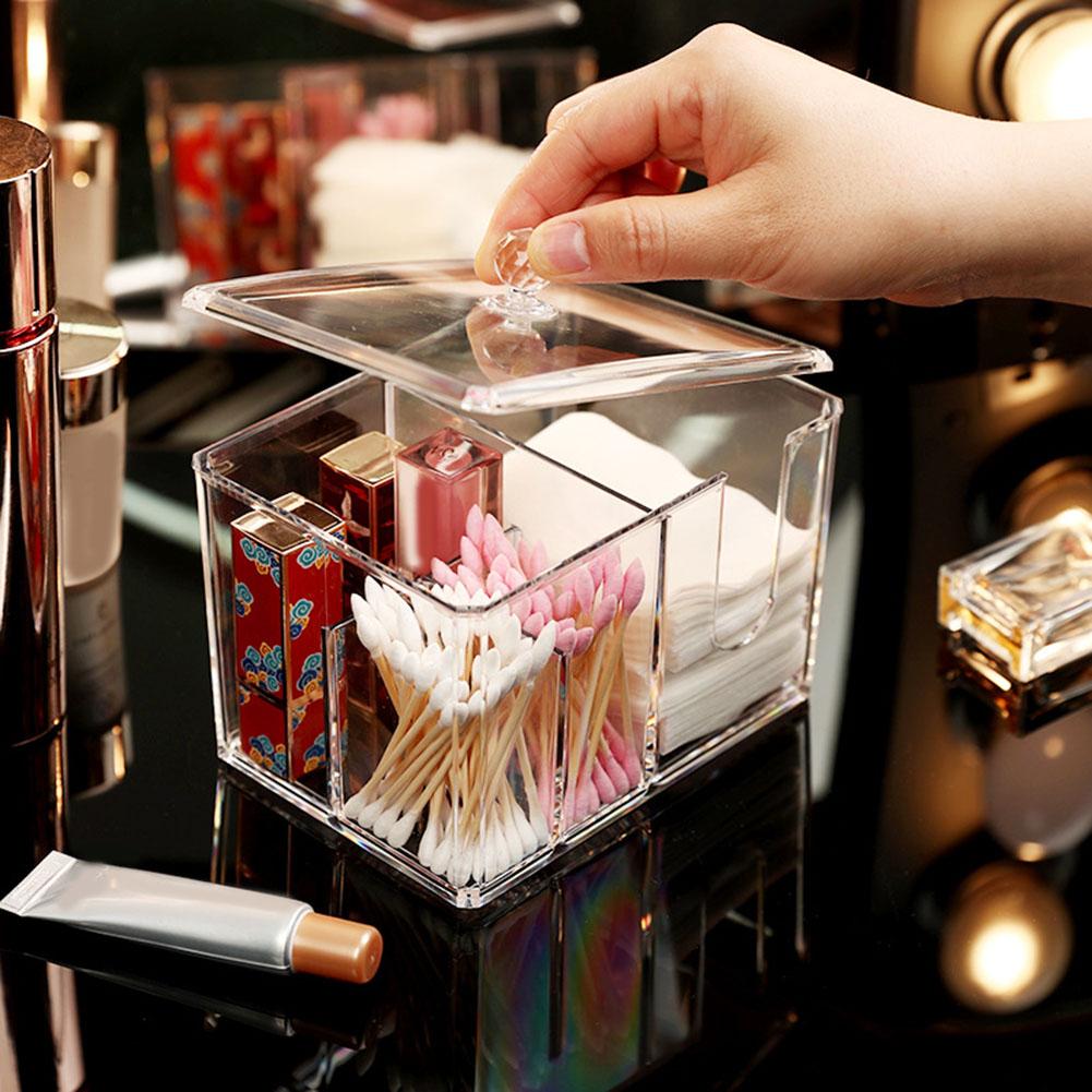 Clear Acrylic Makeup Cotton Storage Box with Dust Resistant Lid Organizer for Cotton Pads Swabs and Small Cosmetics