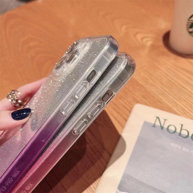 Luxury Gradient Color Glitter Paper 2-in-1 Case for iPhone 15 Pro Max 14 13 12 Pro 11 Full Cover with Glitter Lens Film Cover