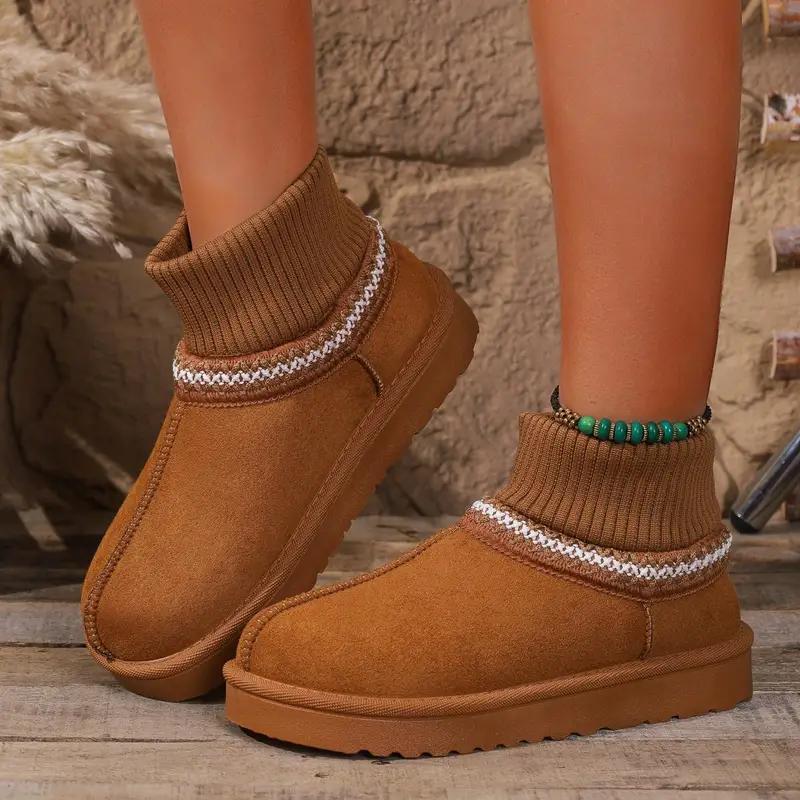 

Повседневные этнические вышитые сноубутсы женские 2025 мягкая толстая подошва короткие плюшевые сноубутсы зимние теплые вязаные сапоги до щиколотки 41 коричневый