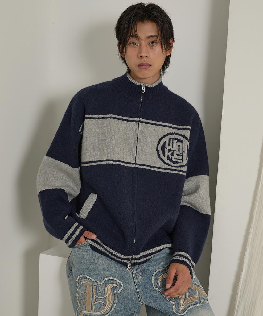 Waikei Colorblock Logo Zip-Up Cardigan Navy