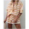 European and American Women Clothes Wool Color Matching Lapel Stripe Short Sleeve Shorts Set Short Sleeve Shorts Set