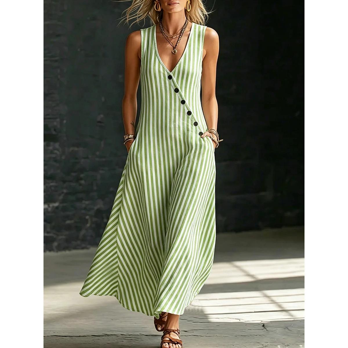

Spring Summer Sleeveless V Neck Striped Midi Dress Button Down Lazy Style Crossborder Women Dress S